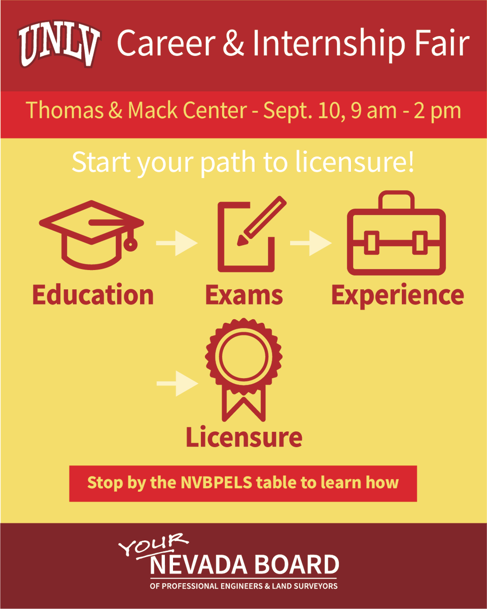 nvbpels's tweet image. See you at the @unlv career fair!

We’ll be on campus at Thomas &amp;amp; Mack Center on September 10, 9:00 am - 2:00 pm to chat with #UNLV #Engineeringstudents about all things licensure.

 #NVBPELS #UNLVEngineering #UNLVCareerFair #FutureEngineers