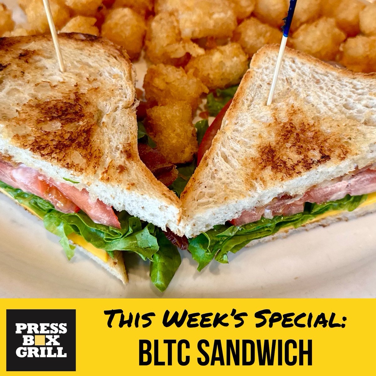 pressboxgrill's tweet image. This week’s special is a BLTC Sandwich! 🥪 Crispy bacon, fresh lettuce, juicy tomatoes, and American cheese stacked between toasted sourdough. Served with a side of tater tots.

#dallaseats #dallasrestaurants  #dallasfood #downtowndallas #dallas #dallastx #dallastexas