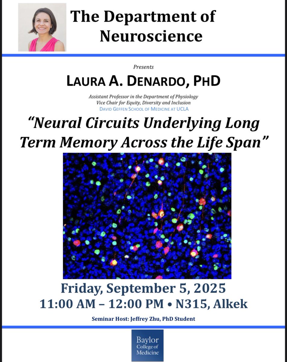 bcm_neurosci's tweet image. Please join us this Friday for the start of our neuroscience seminar series! 🧠 

Our first speaker, Dr. Laura DeNardo, from UCLA, will present:
“Neural Circuits Underlying Long Term Memory Across the Life Span”

📅 Date: Sept. 5, 2025
🕑 Time: 11am-12pm
📍 Location: N315