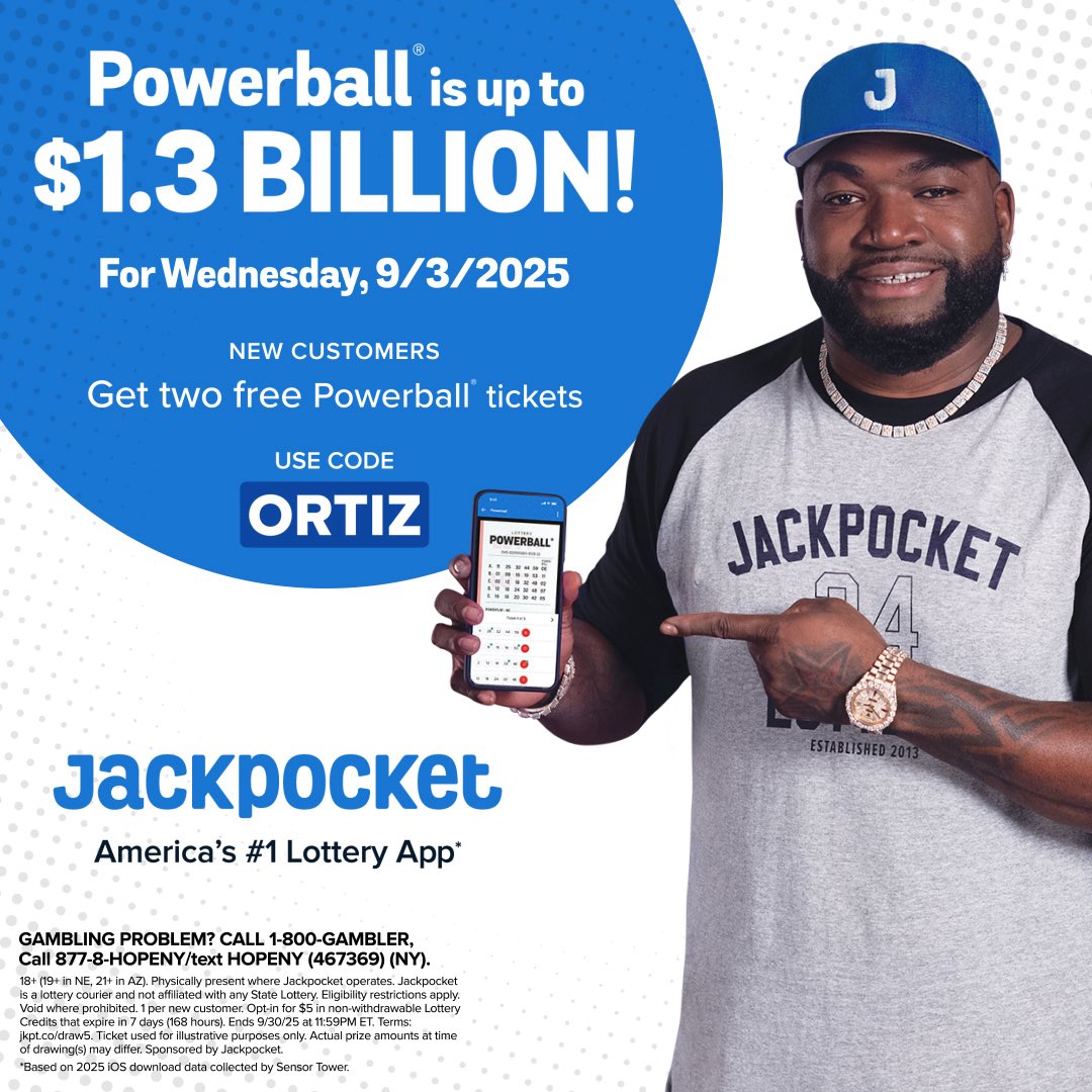 davidortiz's tweet image. Powerball’s $1.3 BILLION, baby! New @Jackpocket customers get 2 FREE tickets. Sign up with code ORTIZ. Let’s go get it! #JackpocketPartner jkpt.co/ORTIZ