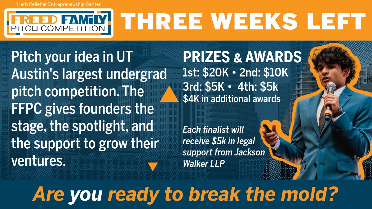⏰ 3 weeks left!

The Freed Family Pitch Competition awards $65K in cash and prizes to UT’s boldest student founders.

📅 Deadline: Sept 19 at 11:59 PM
🔗 Apply now: bit.ly/45VgyyL

#StartupsStartHere #PitchCompetition #TexasEntrepreneurship