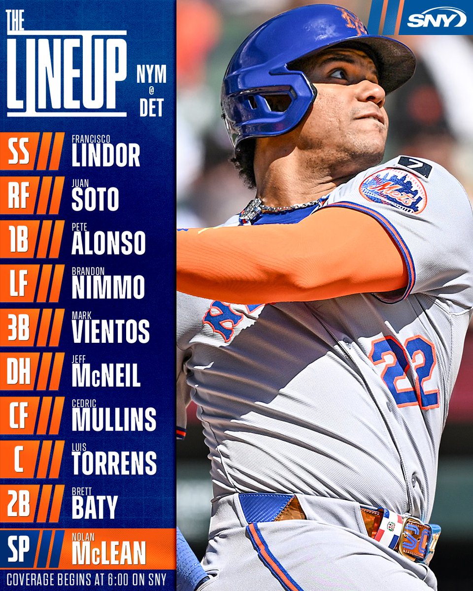 SNY Mets (@sny_mets) on Twitter photo Second game in Detroit
⏰: 6:40 p.m.
📺: SNY
📱: SNY on the MLB App, presented by <a href="/FanaticsBook/">The Home of FAIR PLAY™</a> Second game in Detroit
⏰: 6:40 p.m.
📺: SNY
📱: SNY on the MLB App, presented by <a href="/FanaticsBook/">The Home of FAIR PLAY™</a>
