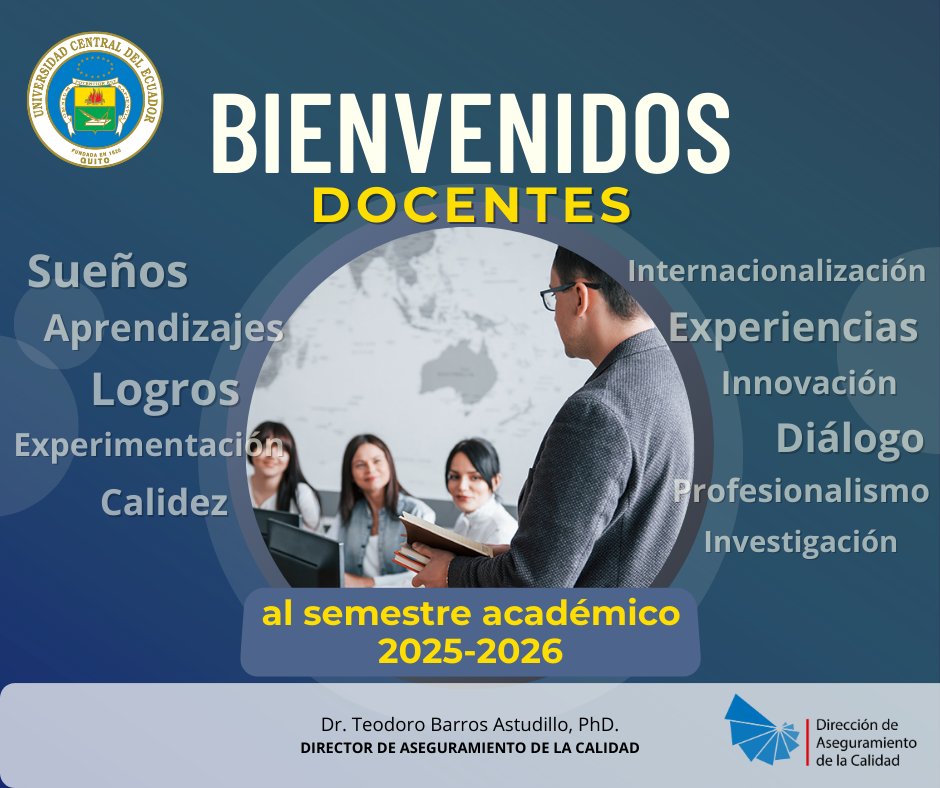 Un nuevo periodo académico para poner en marcha el proceso de enseñanza-aprendizaje en la formación de los mejores profesionales del país.
Bienvenidos queridos DOCENTES a su casa, <a href="/lacentralec/">Universidad Central del Ecuador</a> 

#NuevoSemestre #DocentresUCE #UCE #UCentral #BicentenarioUCE #CalidadConCalidez