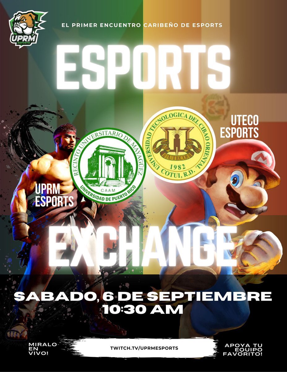 UPRMEsports's tweet image. Prepárense para el primer encuentro de Esports caribeño! PR VS RD en un intercambio universitario de @uprm con UTECO! Apoya a tu equipo favorito participando en Smash Bros. Ultimate o Street Fighter 6!
Sábado, 6 de Septiembre 10:30 AM
Twitch.tv/uprmesports