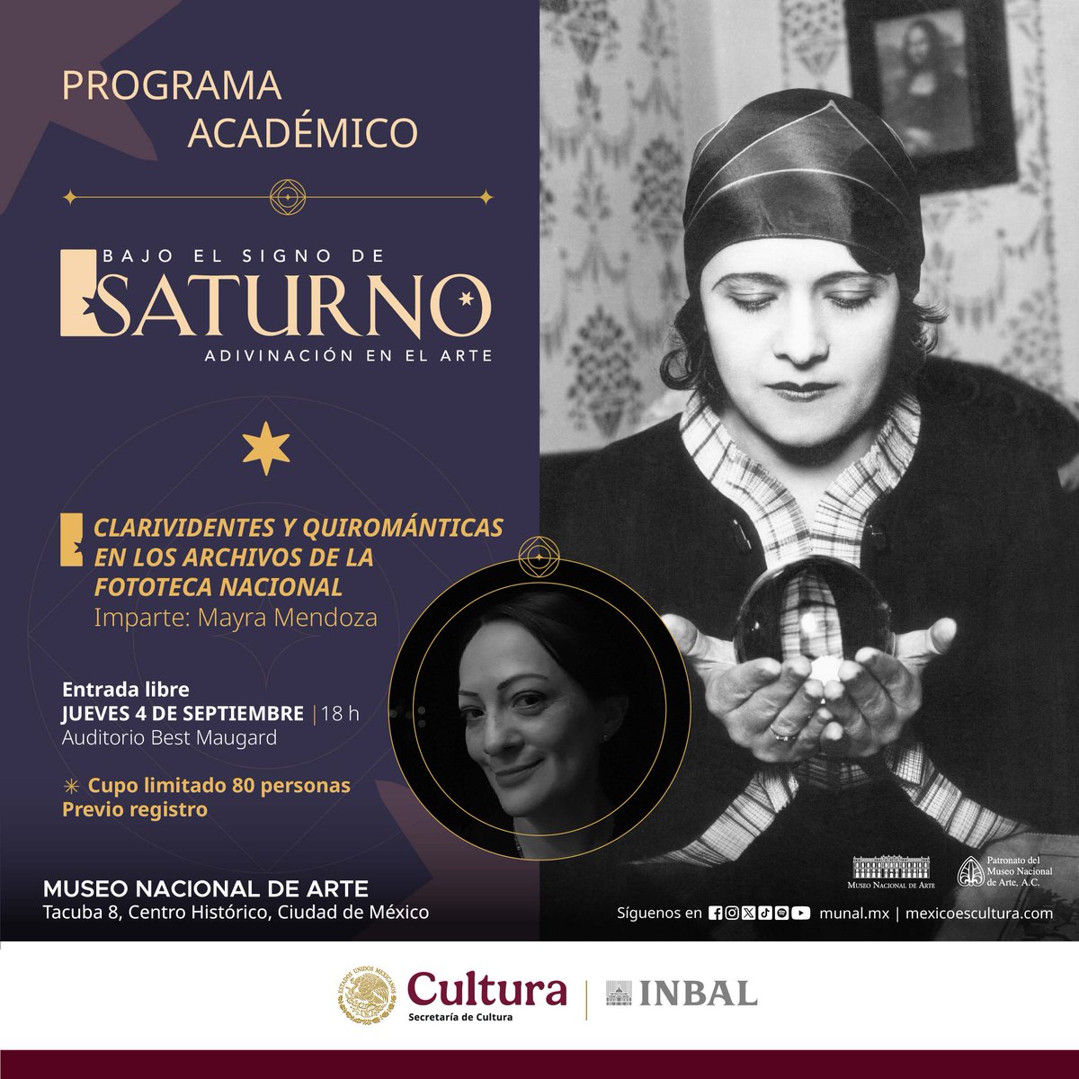 Abrimos nuevos lugares para la conferencia de esta semana titulada “Clarividentes y Quirománticas en los archivos de la Fototeca Nacional”. La platica estará a cargo de Mayra Mendoza, quien reflexionará sobre las fotografías que resguarda la Fototeca Nacional referentes a la