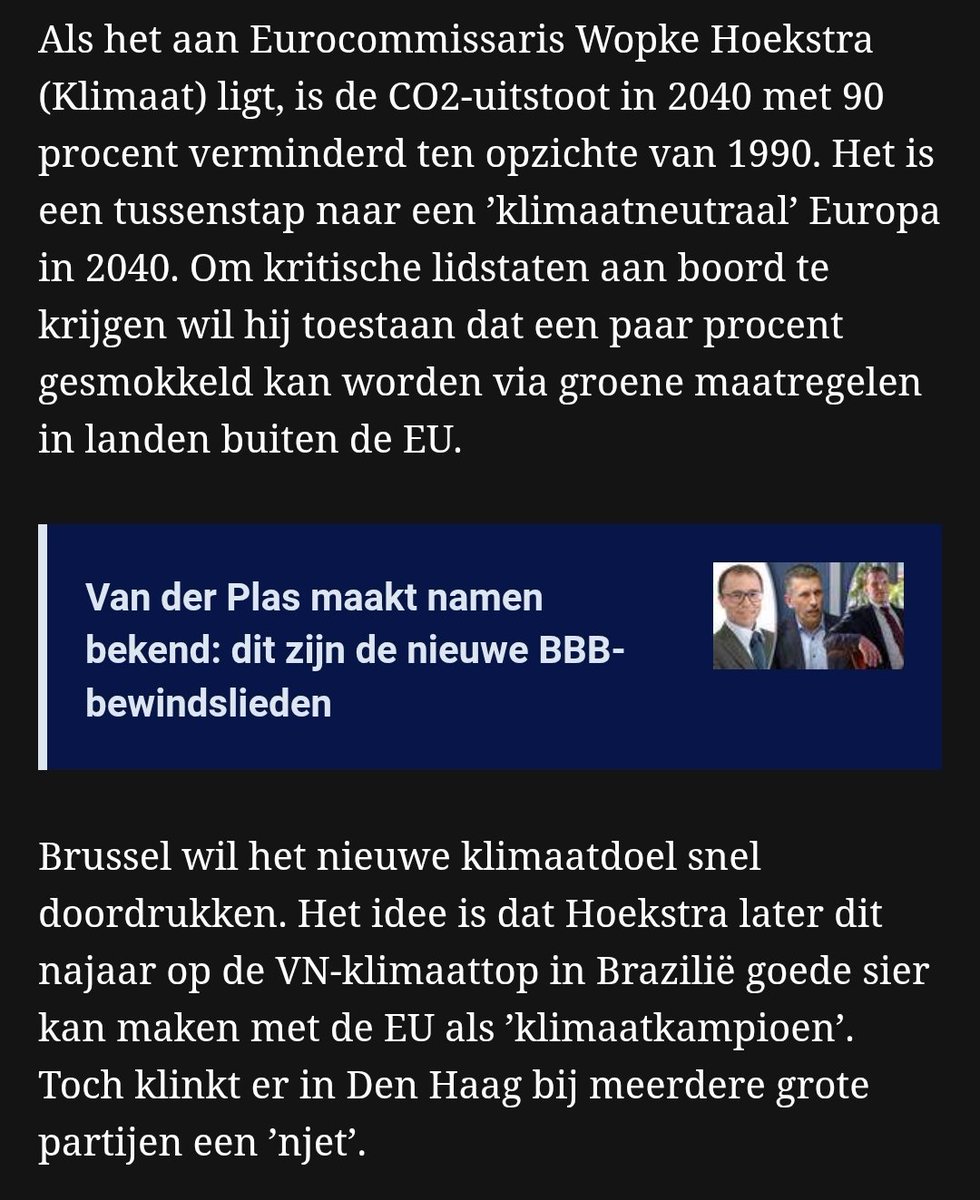 Er is grote verdeeldheid in de Tweede Kamer over een nieuw streng #EU-klimaatdoel voor 2040.

Als het aan Eurocommissaris #WopkeHoekstra (Klimaat) ligt, is de #CO2-uitstoot in 2040 met 90% verminderd ten opzichte van 1990! 🤡

Hoekstra is een #CDA'er! Vergeet dat niet in oktober!