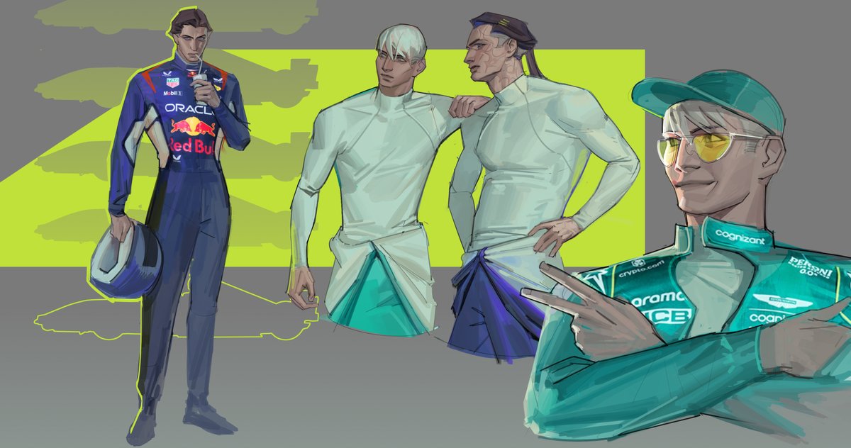 I really like the look of a Formula 1 racing jumpsuit pulled down on the hips.
I couldn't remain indifferent to this, so such a fantasy was born with my characters >:)
#oc #Formula1 #F1