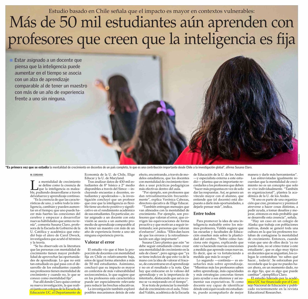 🎙️#PrensaEG
<a href="/__elmercurio/">El Mercurio</a> destacó que investigación liderada por nuestra profesora Susana Claro, concluyó que un docente que cree que la inteligencia es flexible tiene un efecto positivo y significativo en el rendimiento académico de sus estudiantes. 
📰Revisa la nota aqui👇