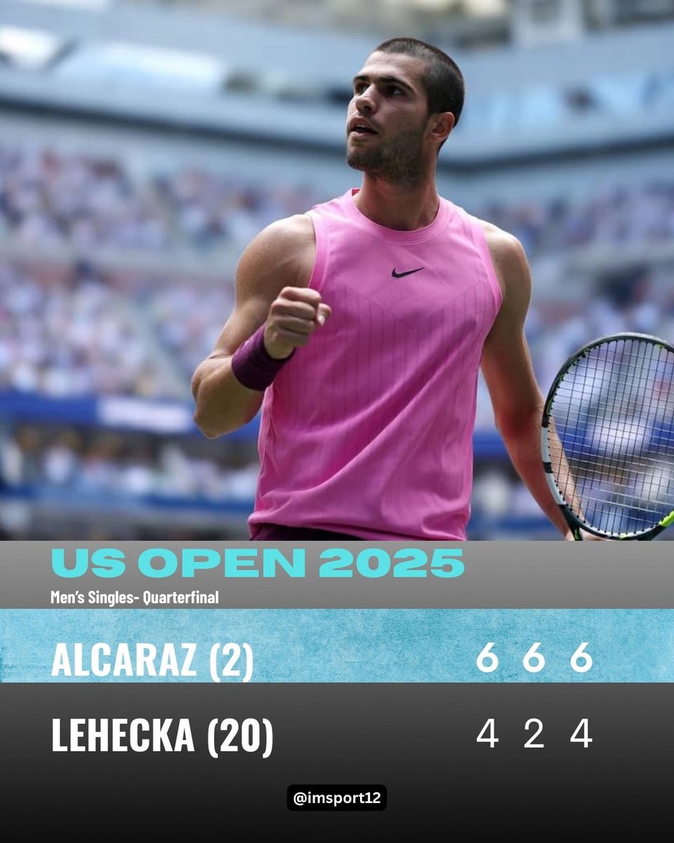 2022 US Open Carlos Alcaraz def Jiri Lehecka 6-4 6-2 6-4 to reach his 9th Career Grand Slam Semifinal, 3rd in #USOpen (2022, 2023, 2025 )

Alcaraz is now 59-6 in 2025 

Alcaraz will face winner of Djokovic v Fritz on Friday

#USOpen2025 #ATP #TennisTV
