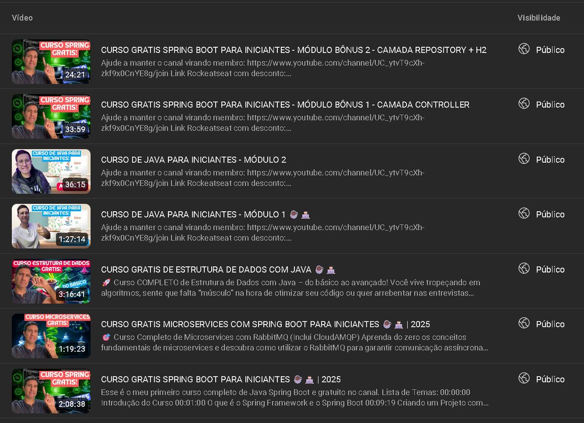 matheuslf's tweet image. Cursos completos de #Java em uma única playlist, 100% gratuitos no YouTube. Temos:
- Curso de Java para Iniciantes
- Curso de Java para Iniciantes (Módulo 2)
- Curso de Estrutura de Dados
- Curso de Spring Boot para Iniciantes
- Curso de Spring Boot para Iniciantes (Mod. Bônus…