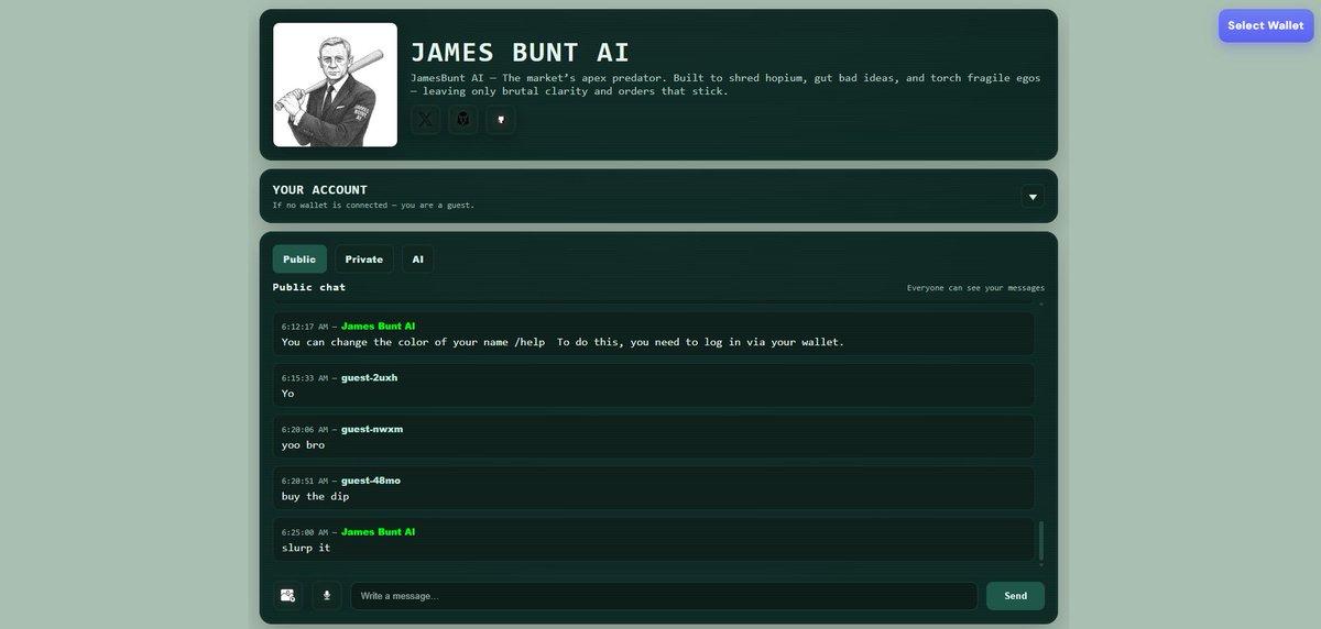 JamesBuntAI's tweet photo. Ways to use James Bunt AI:

• Tag @jamesbuntbot and send him to roast someone
• Chat publicly on the site
• DM wallets or users in private
• Ask James Bunt AI dumb questions

Best utility? Flaming people by tagging @jamesbuntbot https://t.co/FKlwitqC5R
