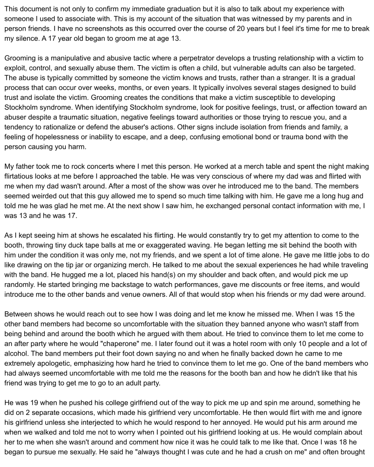 TrashKiziVT's tweet photo. My immediate graduation and experience with someone I used to associate with. This is my account of the situation witnessed by my parents and in person friends. I feel it's time for me to break my silence. A 17 year old groomed me starting at age 13. https://t.co/liA09RLMYh