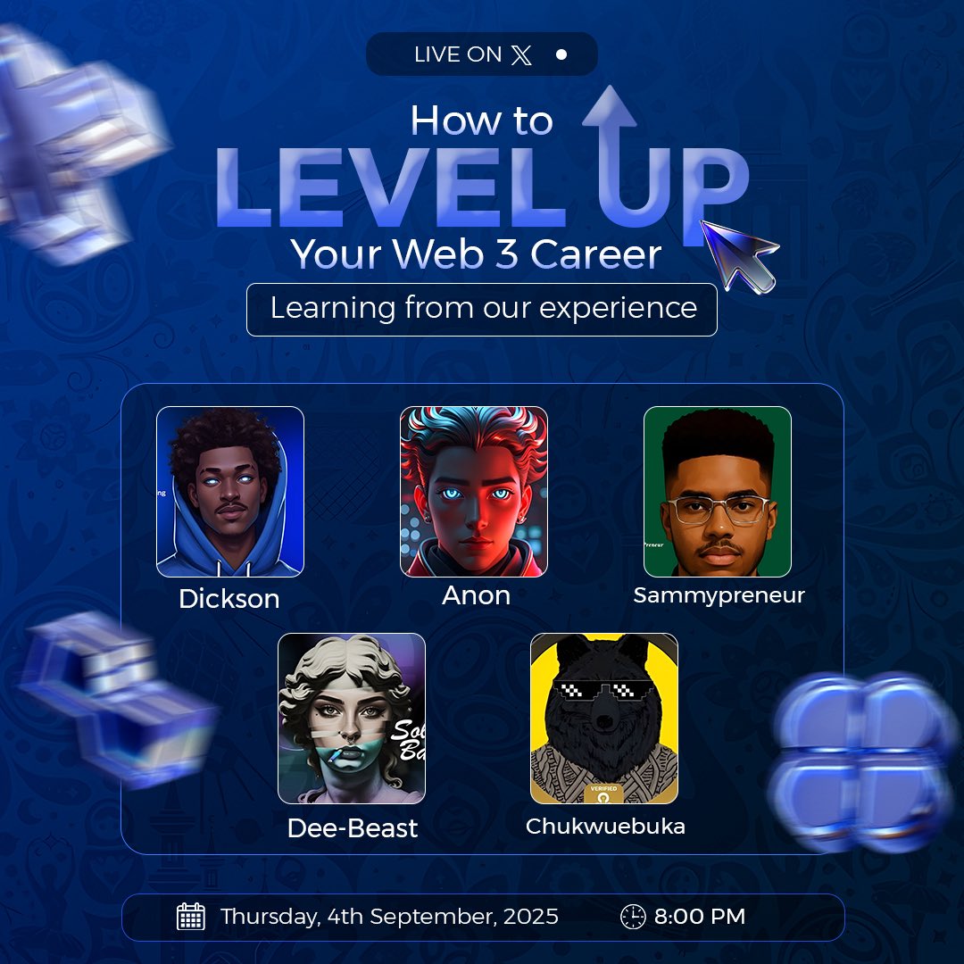 DicksonCrypto01's tweet image. Hi y’all so on Thursday I’ll be hosting a massive space titled “level Up Your Web 3 Career”

This isn’t going to be a regular space it’s gonna be one with the persons I began my web 3 journey with.

We’re gonna share our personal experience, mistakes we made &amp;amp; how we were able to…