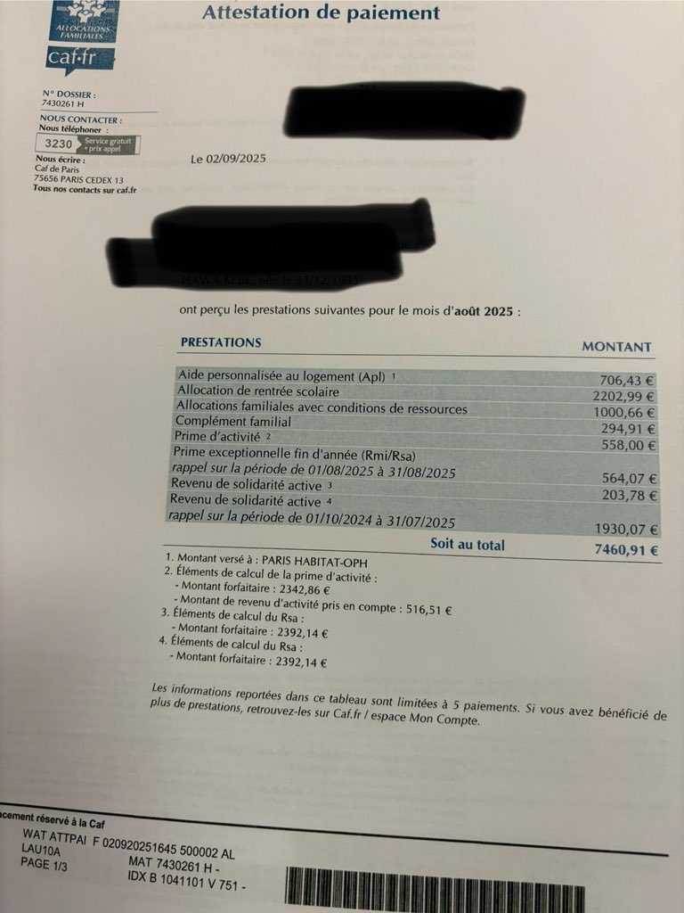 Als u dacht dat de Franse sociale dienst niet gekker kon voor statushouders...dan dit.
706 euro huursubsidie, 2202 euro studiebijdrage, 1000 euro familiebijdrage, 295 euro aanvulling daarop, activiteitspremie 558 euro, eenmalige uitkering 564 euro, bijstandsbedrag 204 euro,