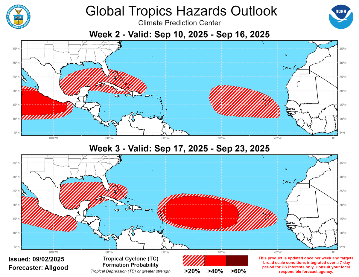 Latest tropics outlook shows activity picking up mid-late September as expected. But nothing to be of concern in FL right now. That's because currently have a big trough/ jet stream dip deflecting long track storms back out to sea. The hope is that this pattern lasts for a while,