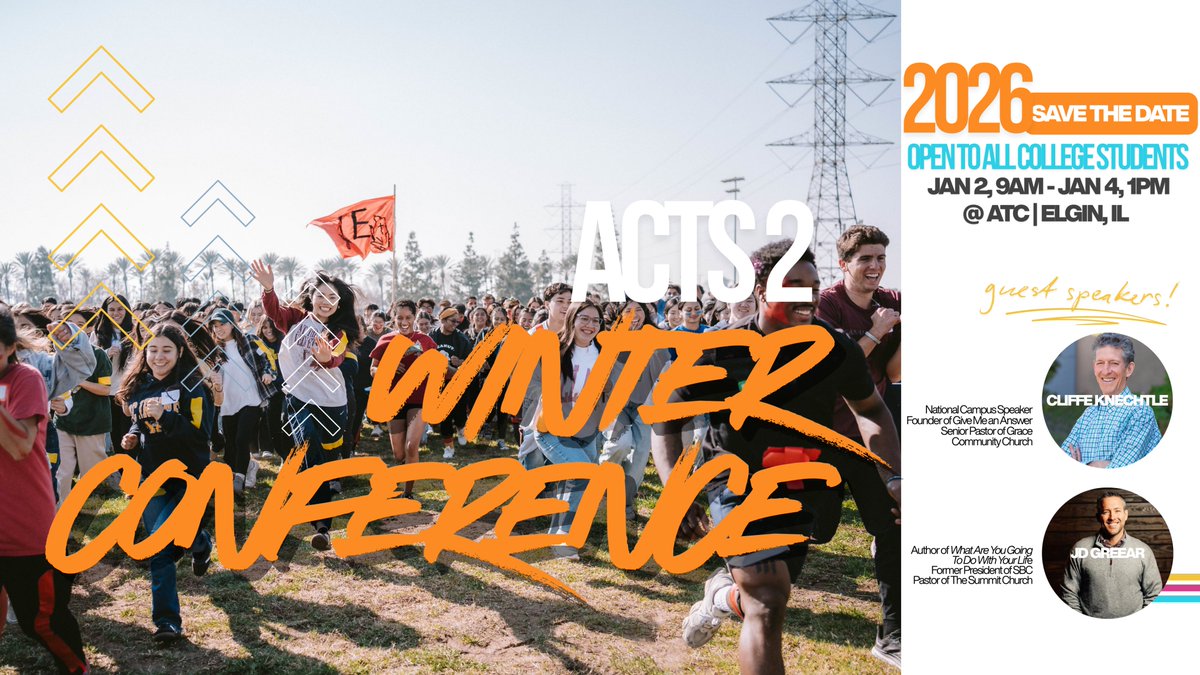 acts2_network's tweet image. We’re excited to announce Cliffe Knechtle and @jdgreear as guest speakers for the 2026 Acts2 Winter Conference! College students—mark your calendars. You won’t want to miss this!
#JDGreear #CliffeKnechtle #CollegeMinistry #FaithInCollege #ChristianConference