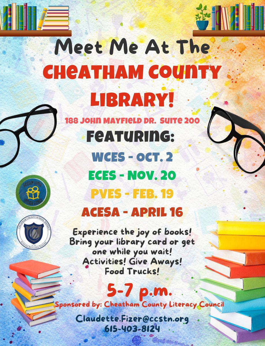 Cheatham Schools (@ccboe) on Twitter photo The Cheatham County Literacy Council, Cheatham County School District and Cheatham County Public Library are happy to present “MEET ME AT THE LIBRARY” events. A great opportunity to gather at the library to learn more about all that the library has to offer! #ccsdtn The Cheatham County Literacy Council, Cheatham County School District and Cheatham County Public Library are happy to present “MEET ME AT THE LIBRARY” events. A great opportunity to gather at the library to learn more about all that the library has to offer! #ccsdtn