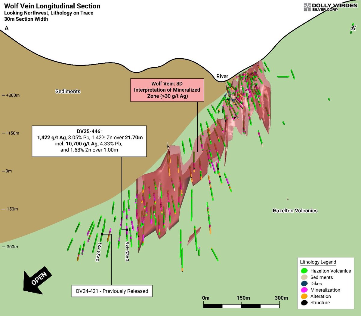 High grade silver continues at Wolf Vein

Dolly Varden has hit another strong interval at the Wolf Vein on its Kitsault Valley project. Hole DV25-446 cut 21.7 metres grading 1,422 g/t silver, including a standout metre returning 10,700 g/t silver. The intercept also carried 0.51