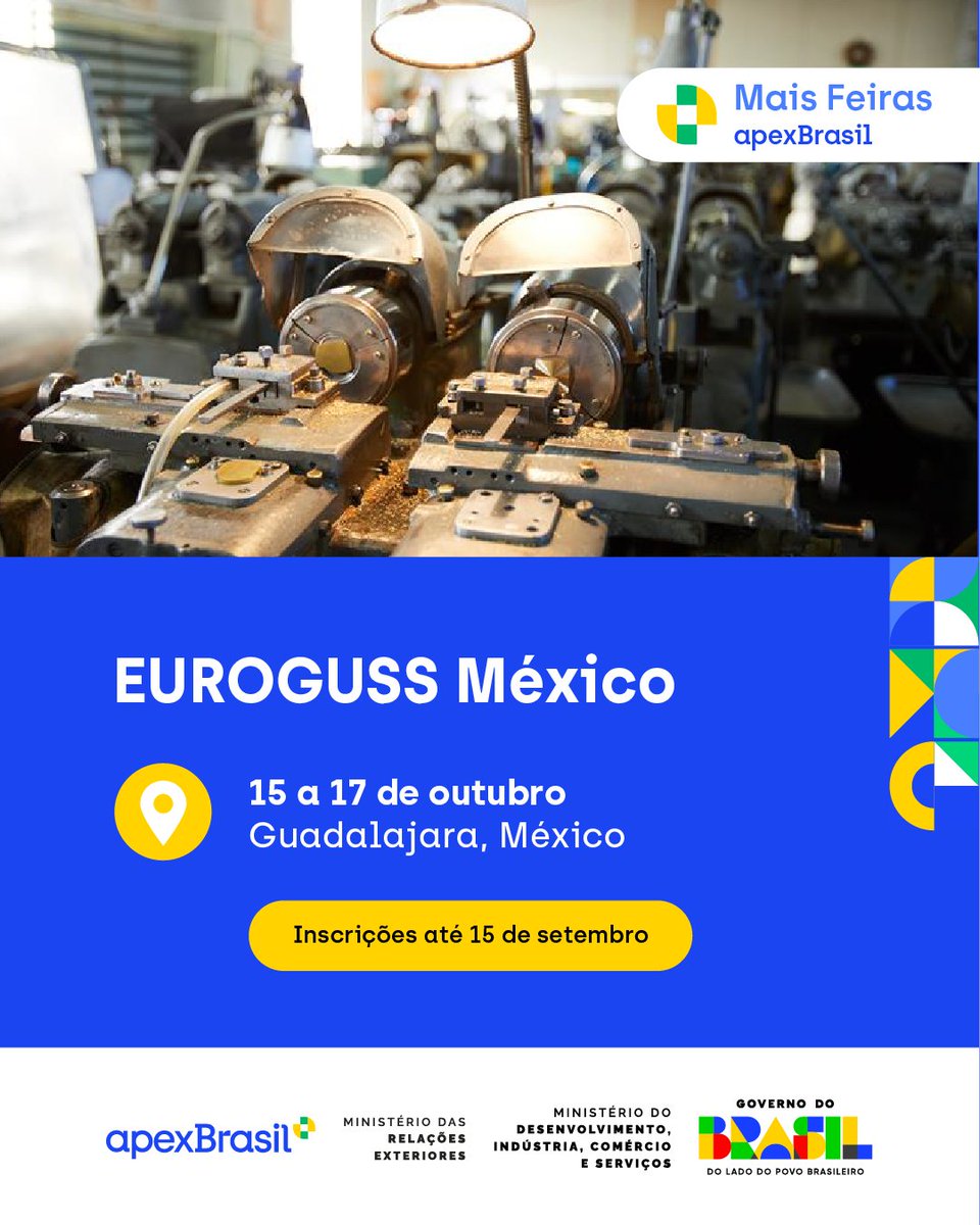 ApexBrasil's tweet image. Participe da #EUROGUSSMéxico2025 com a ApexBrasil!

🗓️ 15 a 17 de outubro
📍 Guadalajara, México
🌍 Feira líder em fundição sob pressão nas Américas!

Vagas limitadas!

Increva-se:  crm-apps.apexbrasil.com.br/orgbdeab873/in…

#Exportação #Fundição