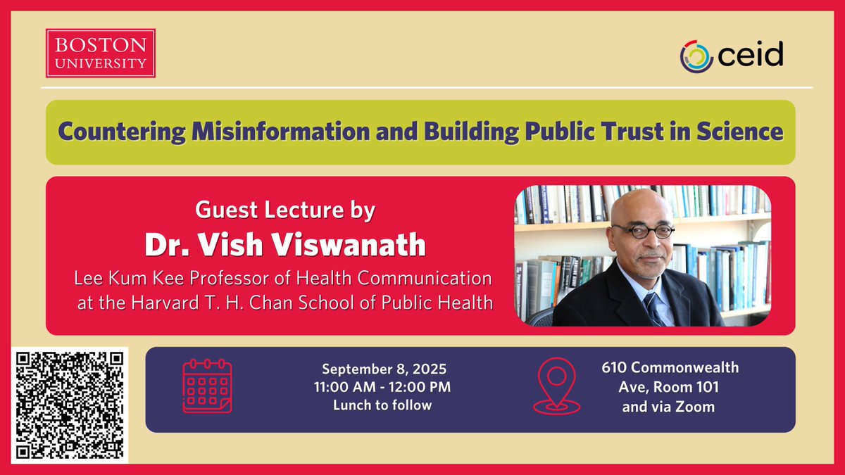 BUCEID's tweet image. Happy first day of classes, Terriers! 🐾 As you plan your semester, mark your calendars for next Monday, 9/8 at 11am for a guest lecture, &quot;Countering misinformation and building public trust in science&quot; by Dr. @vishplus from @HarvardChanSPH.
spr.ly/6010A6mMY