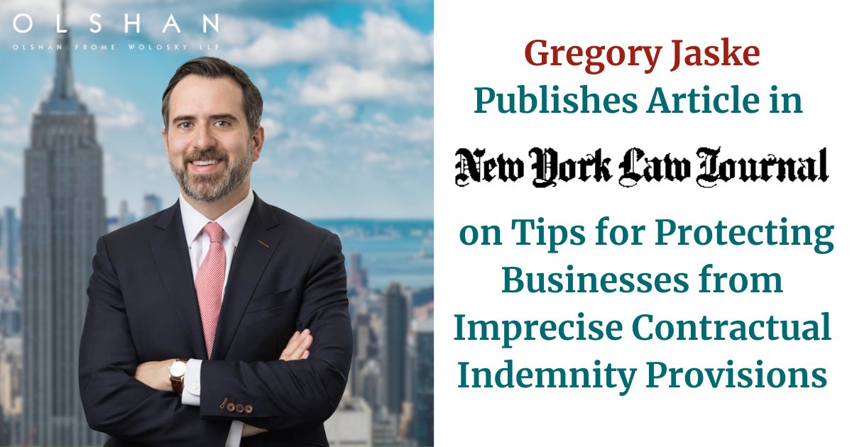 Read the new <a href="/OlshanLaw/">OlshanLaw</a> Real Estate Law blog post, "Gregory Jaske Publishes Article in NYLJ on Tips for Protecting Businesses from Imprecise Contractual Indemnity Provisions" authored by real estate partner Gregory Jaske (also published in <a href="/NYLawJournal/">New York Law Journal</a>)
#OlshanLaw