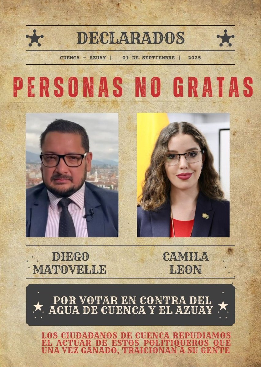 🙏🏼🗣️🛑 #CamilaLeón y Diego Matevelle asambleístas de Azuay por el movimiento político de <a href="/DanielNoboaOk/">Daniel Noboa Azin</a>, ADN, son declarados personas NO GRATAS por votar en contra de defender el agua💧 de #Cuenca y #Azuay 

#Quimsacocha