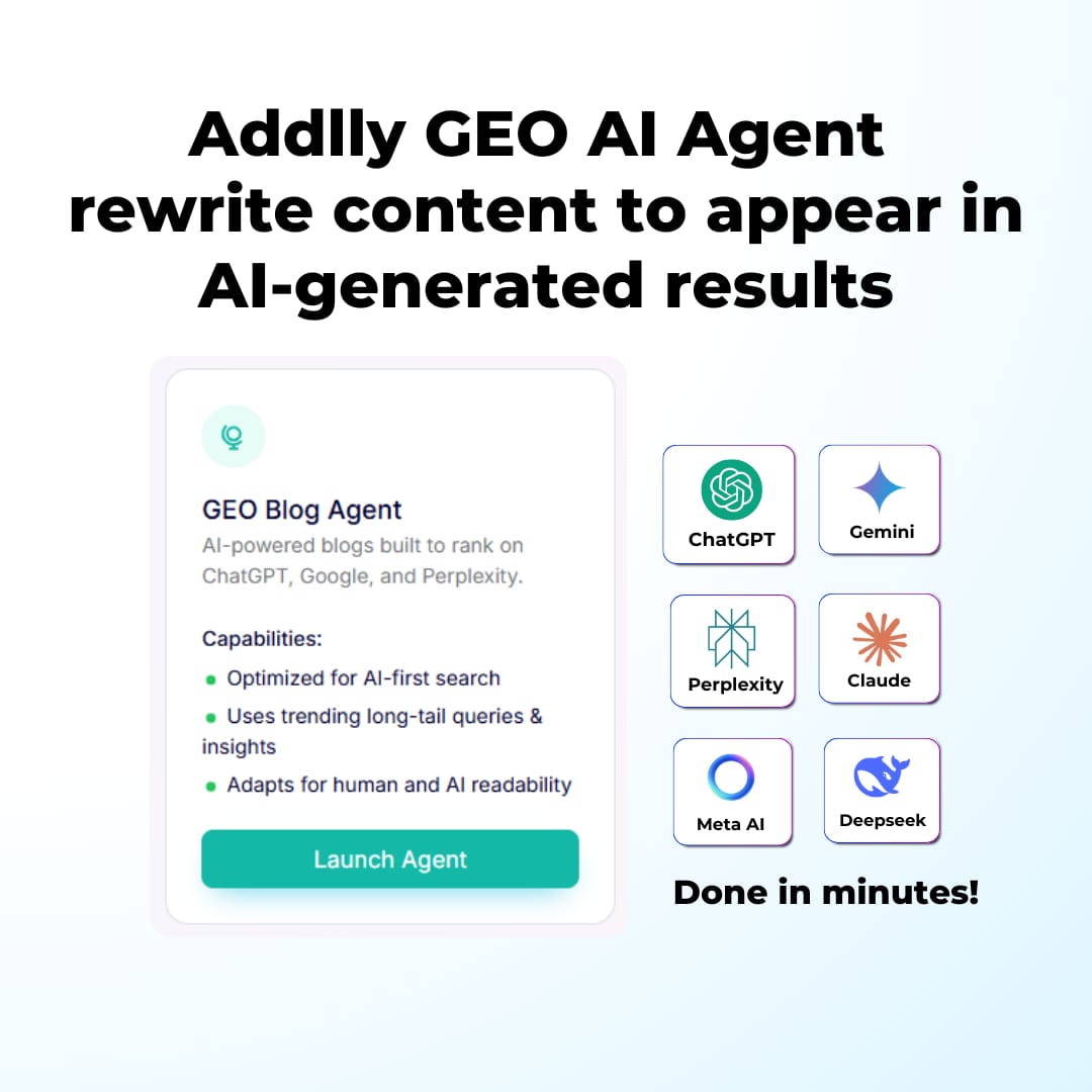 HumphreyJr61864's tweet image. Want more visibility in AI search results? Addlly’s GEO Audit tool helped secure higher visibility in AI-powered platforms while significantly reducing costs that would normally go to expensive agency fees. Click around here: addlly.ai/geo-audit/  #AddllyAI #GEO