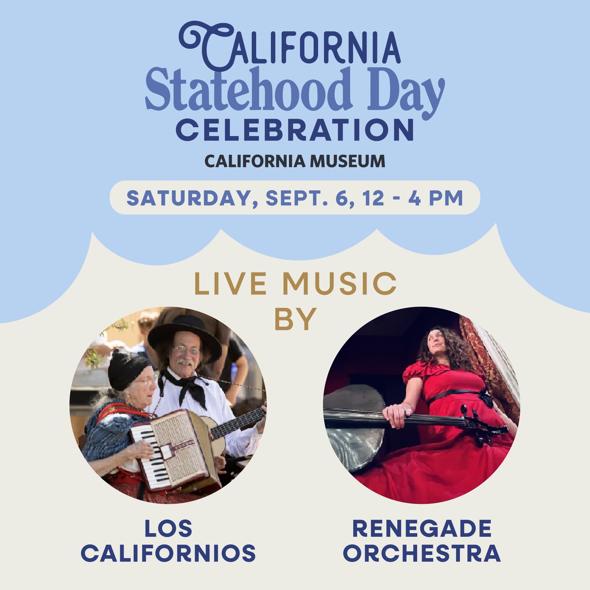 Hear the music of early California at our FREE Statehood Day Celebration on Sat., Sept. 6 with TWO musical groups performing live: Los Californios &amp; Renegade Orchestra. 🤩 

🎟️ FREE admission—for guaranteed admission, reserve your ticket at the link in bio.