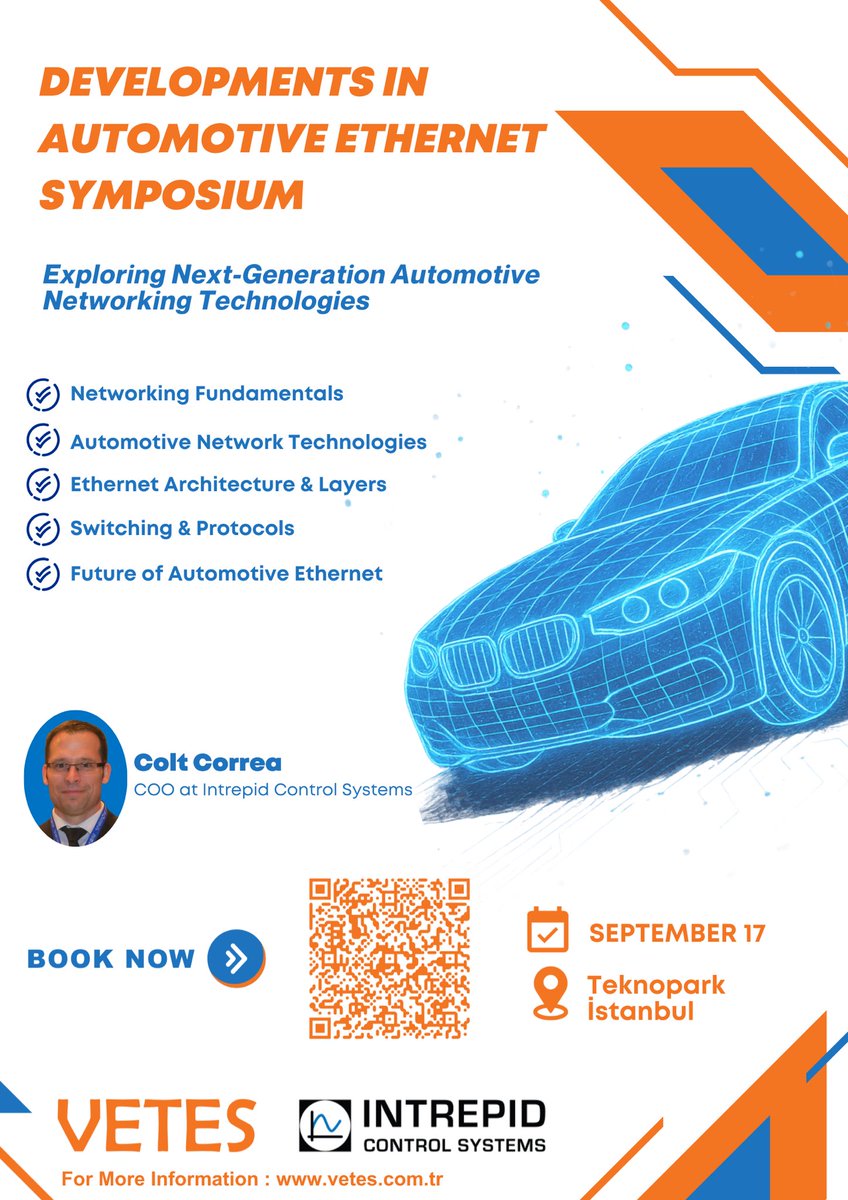 IntrepidControl's tweet image. Colt Correa, COO of Intrepid Control Systems and author of “Automotive Ethernet – The Definitive Guide”, is coming to Istanbul on Sept 17!
Register for free at docs.google.com/forms/d/e/1FAI…
#AutomotiveEthernet #ConnectedCars #IstanbulEvents #VETES
