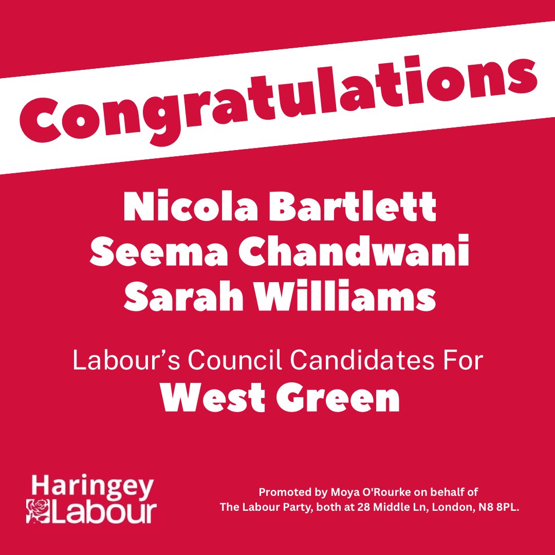 Congratulations to:

🌹 Nicola Bartlett 
🌹 Seema Chandwani
🌹 Sarah Williams

who have been selected to be your Labour candidates for West Green ward