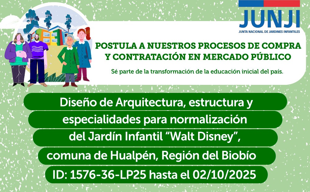 📣 Postula en nuestros procesos de compra y contratación en Mercado Público.
Ya está disponible la Licitación ID: 1576-36-LP25:
🛠️ Diseño para normalización del Jardín Infantil Walt Disney, comuna de Hualpén.
📍 Región del Biobío
👉 acortar.link/wrr74x