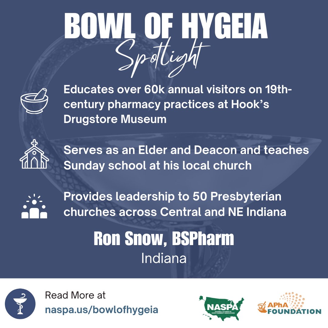This week we're honoring Bowl of Hygeia award winners from 2024 and 2025. 

Last year, NASPA, the APhA Foundation, and IPA recognized Ron Snow, BSPharm, as a 2024 Bowl of Hygeia recipient .

Learn more about Ron's story here: tinyurl.com/4mvsf3te