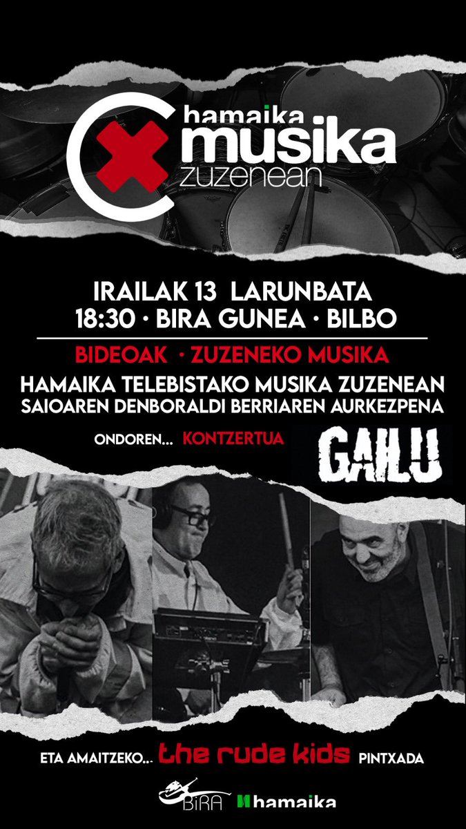 Irailarekin batera martxan da Hamaika telebistako MusikaZuzenean TB saioa.   

Denboraldi berriarekin  batera dator 300. saioa eta  hori ospatzeko, musika festa antolatu dugu Irailaren 13an Bilboko Bira gunean: Zuzeneko musika, bideoak, pintxada….
<a href="/BIRA_Kultura/">BIRA Kultur Gunea</a> <a href="/gailutaldea/">gailutaldea</a>