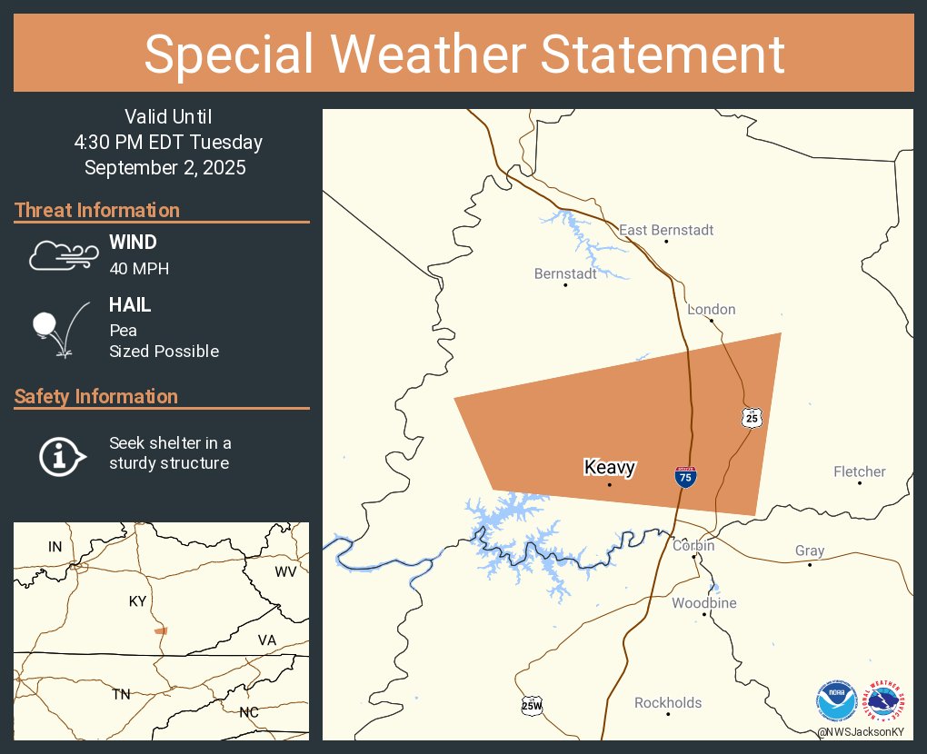A special weather statement has been issued for Keavy KY until 4:30 PM EDT