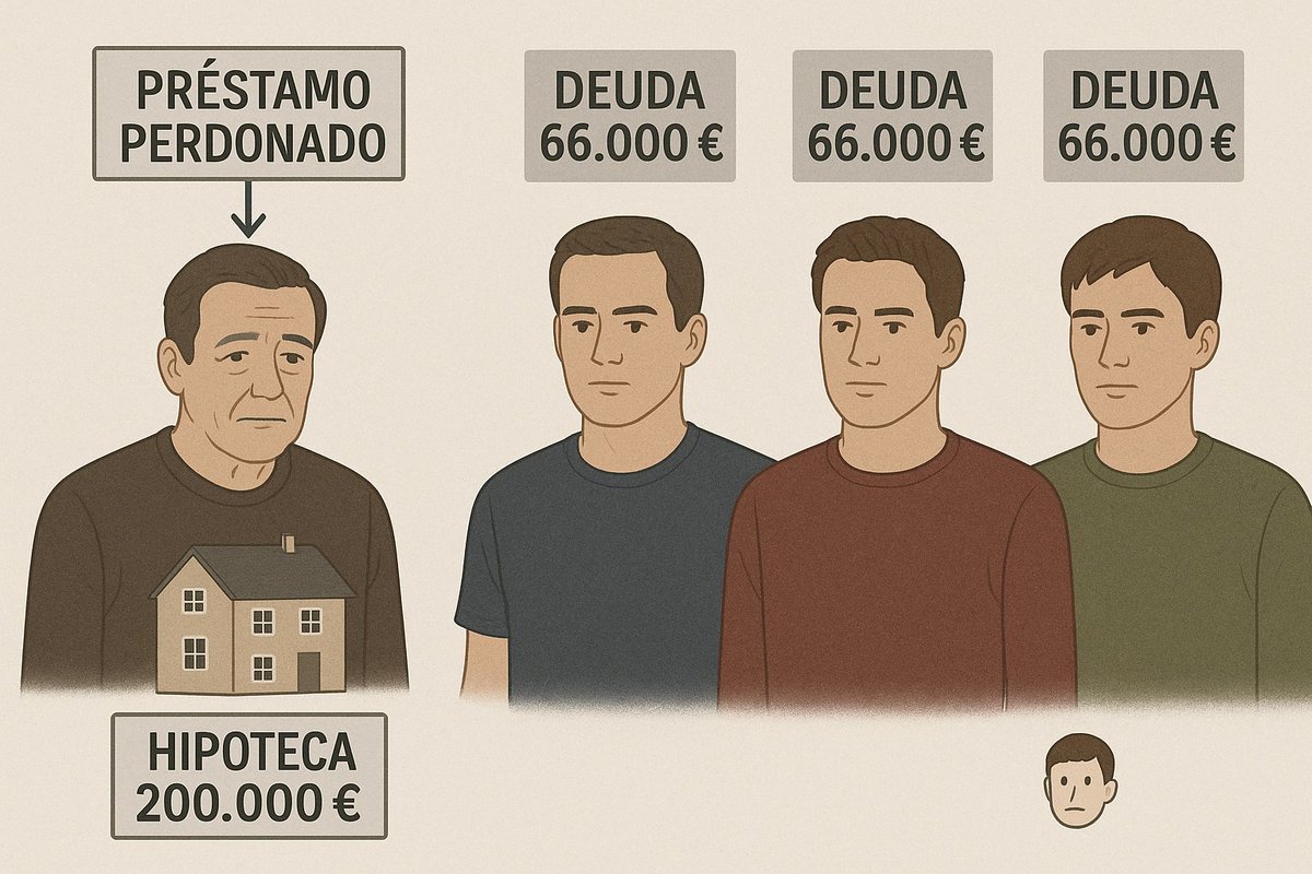 Explicación fácil de en qué consiste la condonación de la deuda de las autonomías:
Mi padre me presta a mi y a mis 2 hermanos 100.000 euros a cada uno.
Mi hermano mayor y yo se lo hemos ido devolviendo poco a poco, sólo le debemos ya 50.000, pero mi hermano pequeño no ha devuelto