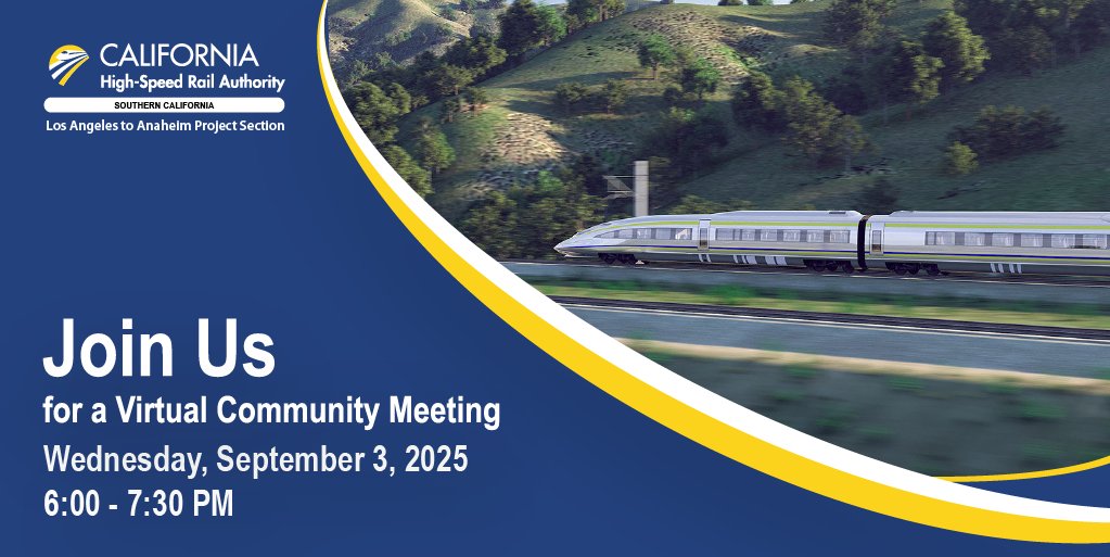 CaHSRA's tweet photo. ๐จ The LA-A Project Section is hosting a virtual community meeting tomorrow, 6:00 to 7:30 PM! Learn about the Preferred Alternative.
Register: https://t.co/kkQGWcoZVP
#BuildHSR https://t.co/gFgwXgvK4l