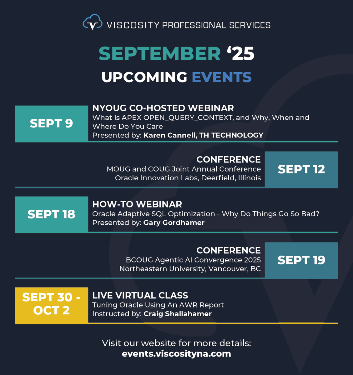 ViscosityNA's tweet photo. 🍂 Sept '25: 
#orclAPEX w/ @thtechnology | @nyoug_nyc
#COUG &amp; #MOUG Joint Conf w/ @richniemiec, @racdba, Gary Gordhamer, &amp; #OracleExperts
@OraPubInc Exclusive: Oracle Adaptive #SQL
@bcoug_ca #AgenticAI w/ #ACED Sean Scott
#AWR LVC w/ Craig Shallahamer

👉 https://t.co/CL3un4ANwA https://t.co/kPDNmpRdeE