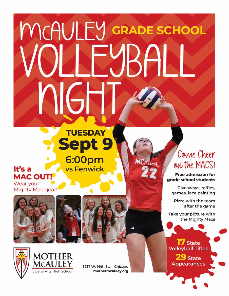MMcMightyMacs's tweet photo. Future Macs, mark your calendars & join us for one of the best nights of the year!
We are ONE week away from our annual McAuley volleyball grade school night.
๐ Tuesday, September 9, 2025
โ๏ธ 5:00pm: JV & FrA | 6:00pm: V & FrB
๐ Mother McAuley
#MacNation https://t.co/zZdrBd9oJ7