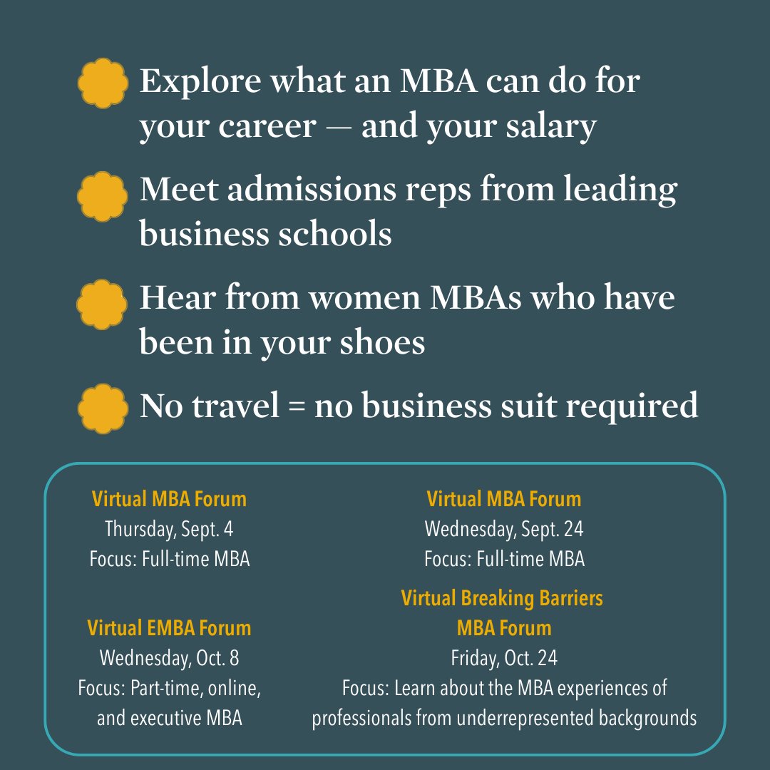 fortefoundation's tweet image. Couldn’t make it to an in-person Forté MBA Forum? No problem!

Our Virtual Forums bring the experience to you. No travel or business suit required.

Register now: bit.ly/FallMBAForums 
#ForteMBAForum #MBABound #WomenInBusiness #MBAJourney #VirtualEvent