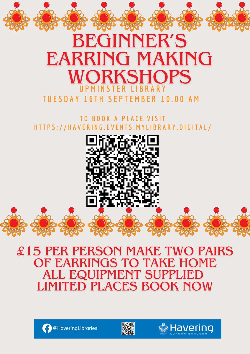 #CultureIdeaOfTheDay

Upminster Library are holding a Beginner's Earring Making Workshop on Tuesday 16 September at 10am. Make two pairs of earrings to take home and learn how to add beads and gemstones.

To book a place visit havering.evebts.mylibrary.digital