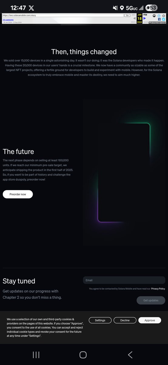 Screenshot of Solana Mobile pre-order page showing expected shipping in the first half of 2025
