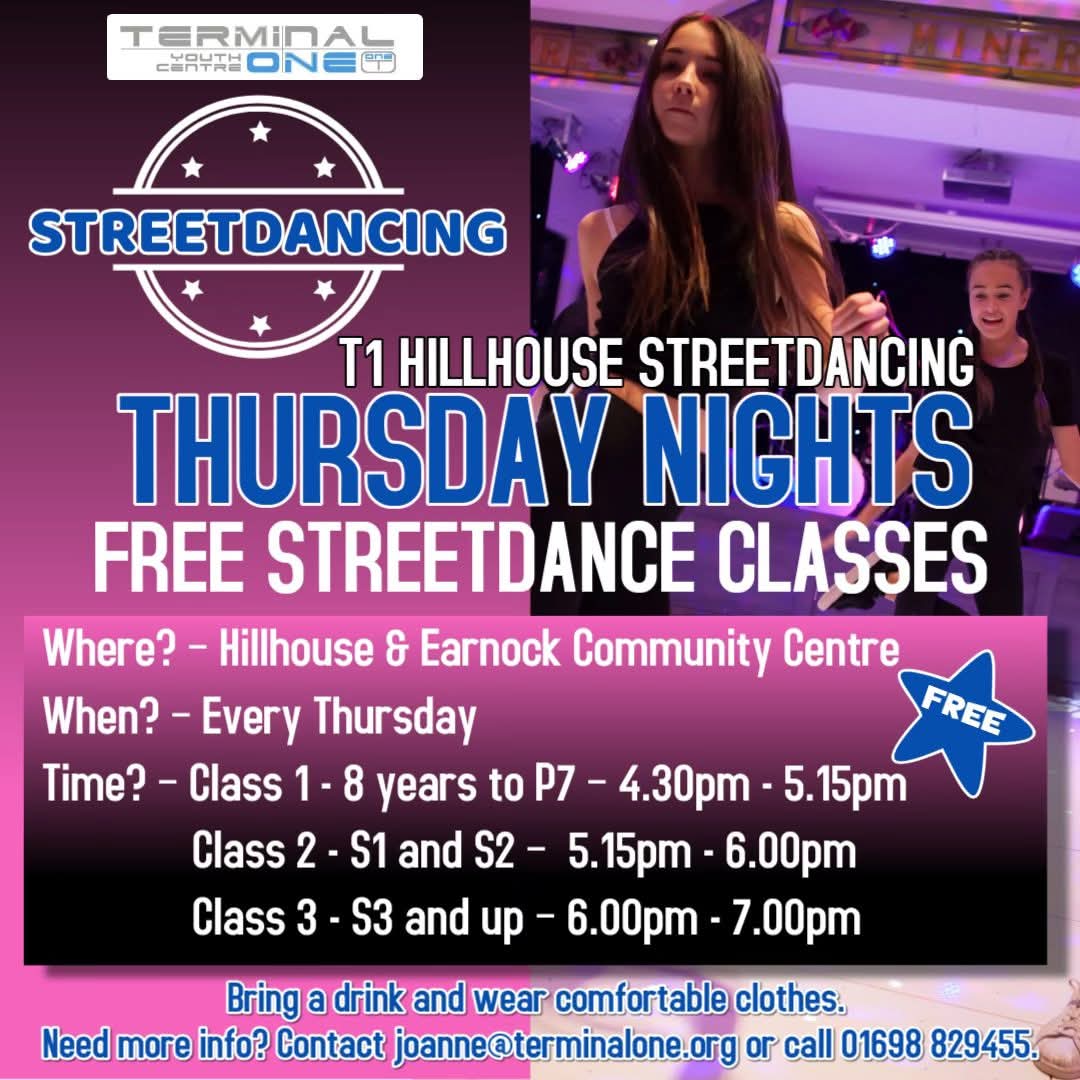 TerminalOneYC's tweet image. Our streetdancing classes now run on Thursdays in Hillhouse. 🤸‍♀️🤸💃🕺
Come along and find out more. Open to boys and girls.

FREE STREETDANCE CLASSES - Every Thursday!
See poster for more details.