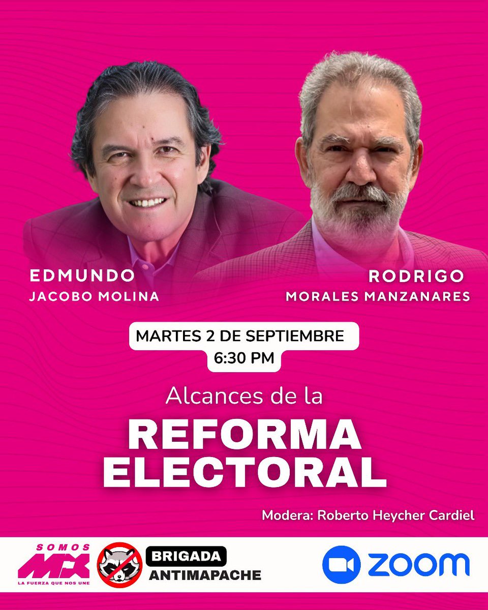 SomosMxMexico (@somosmxmexico) on Twitter photo 📹 Únete este martes 2 de septiembre a las 18:30 horas al “Conversatorio sobre Alcances de la Reforma Electoral”
Nos acompañarán <a href="/edmundo_jacobo/">Edmundo Jacobo Molina</a> y <a href="/rodmoralmanz/">Rodrigo Morales M</a> , con la moderación de <a href="/RobertHeycherMx/">Roberto Heycher Cardiel S 🇲🇽</a>
👉🏼 bit.ly/4295ZIH 📹 Únete este martes 2 de septiembre a las 18:30 horas al “Conversatorio sobre Alcances de la Reforma Electoral”
Nos acompañarán <a href="/edmundo_jacobo/">Edmundo Jacobo Molina</a> y <a href="/rodmoralmanz/">Rodrigo Morales M</a> , con la moderación de <a href="/RobertHeycherMx/">Roberto Heycher Cardiel S 🇲🇽</a>
👉🏼 bit.ly/4295ZIH