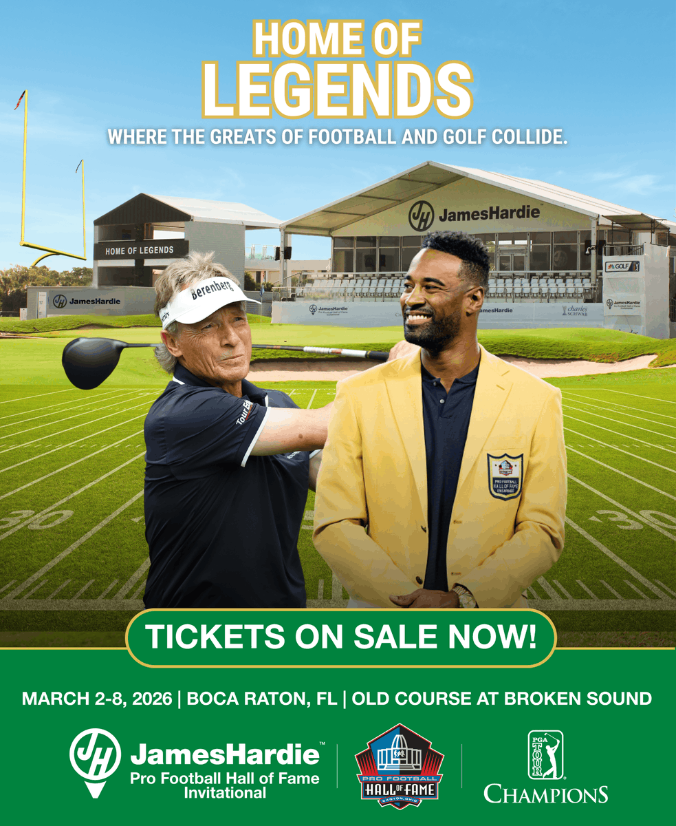 JamesHardieInv's tweet photo. The ONLY place PGA TOUR Champions &amp; NFL Hall of Famers compete side by side!

🎟️ Tickets are ON SALE for the James Hardie Pro Football Hall of Fame Invitational, March 2–8, 2026 in Boca Raton!

Step into the #HomeOfLegends—tickets start at just $18.99 → https://t.co/C2no20A5xX https://t.co/7rcGUTAb7B