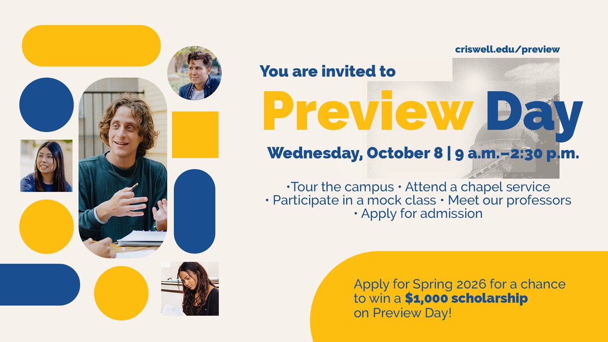 Join us for Preview Day on Wednesday, October 8, to learn about Criswell’s unique educational experience, which trains students as Ambassadors, Cultivators, Peacemakers, Problem Solvers, and Professionals. Register: events.criswell.edu/event/978170?f…