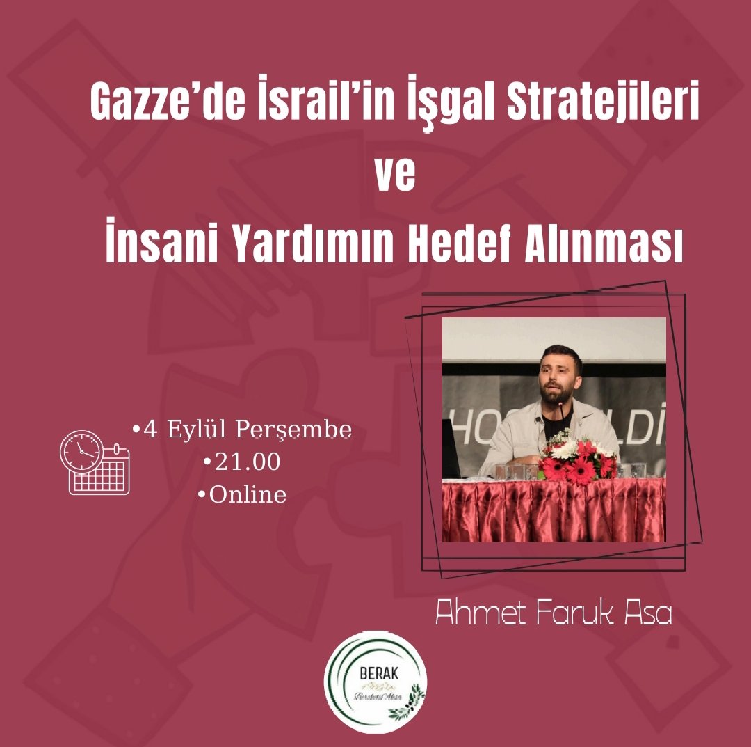 Gazze’de İsrail’in işgal stratejileri ve insani yardımın hedef alınmasının ele alınacağı program, <a href="/AhmetFarukAsa/">Ahmet Faruk Asa</a>'nın katılımıyla 4 Eylül Perşembe saat 21.00’da  gerçekleştirilecektir.

Katılım için : chat.whatsapp.com/EcA0MLkGCNS8q1…