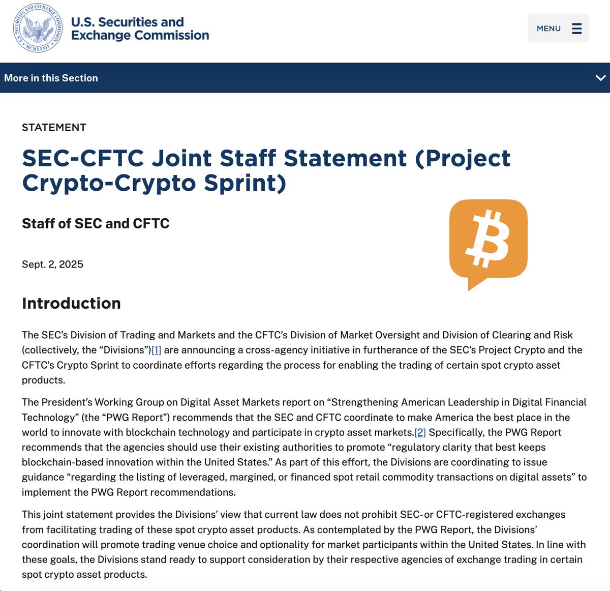 BitcoinNews's tweet image. BREAKING: 🇺🇸 SEC &amp;amp; CFTC clear path for U.S. exchanges to list spot crypto leveraged/margined products under current law via "Project Crypto-Crypto Sprint" joint statement.