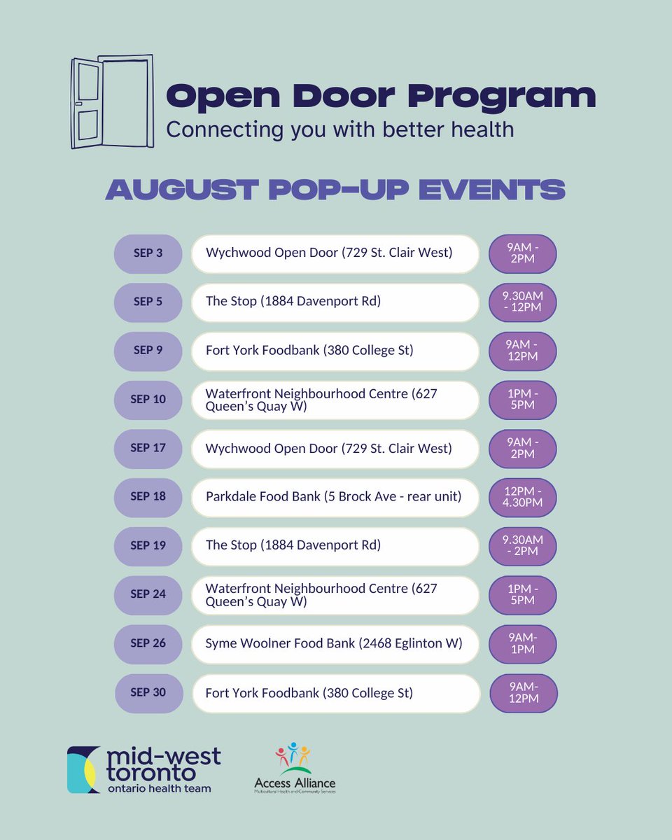 This September, visit one of our pop-up Open Door clinics for:
• Free blood pressure checks and basic screenings
• Help finding a family doctor or services
• Reliable info on vaccines, cancer screening, and more

No health card or appointment needed.

midwesttorontooht.ca/open-door
