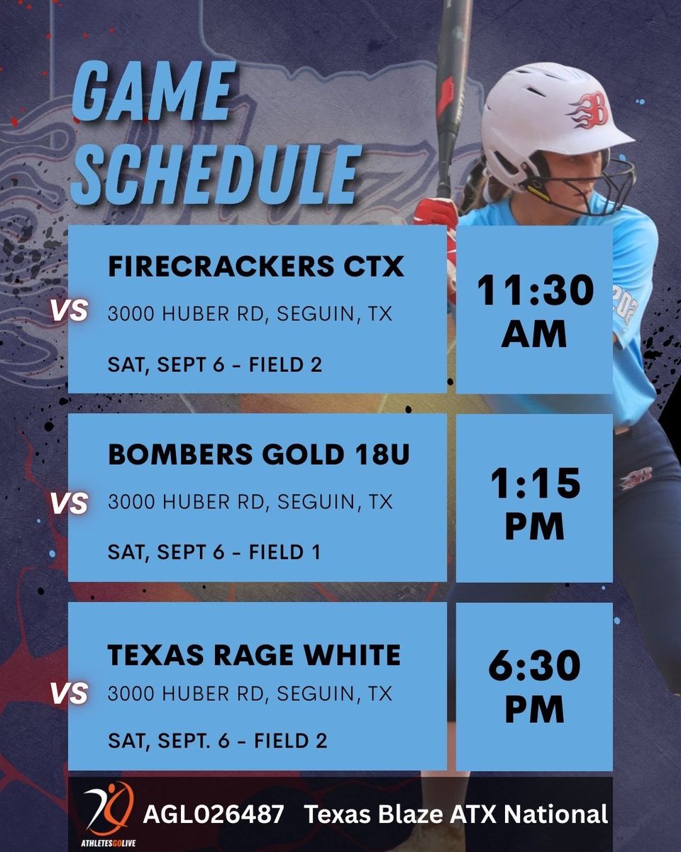 📣🥎 Follow along as we make the short trip to Seguin and The Fields at Huber Ranch this weekend. Three showcase games are scheduled for Saturday, with a single-elimination bracket on Sunday. Follow along on Athletes Go Live (AGL026487) or GameChanger! <a href="/BlazeFastpitch/">Texas Blaze</a>