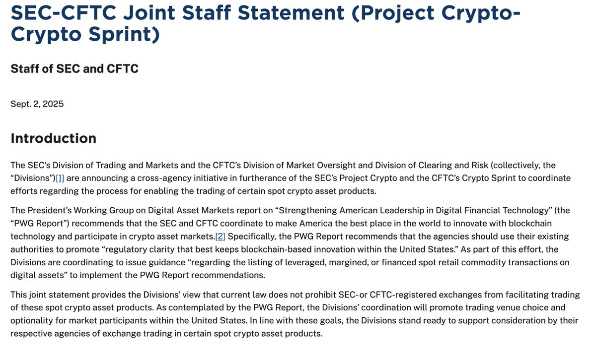 Just In: The SEC and CFTC have issued a joint statement allowing registered exchanges to enable the trading of spot crypto assets

Translation: The NYSE, Nasdaq, SBOE, CME, etc. will have spot trading for BTC, ETH and more

More barriers falling down